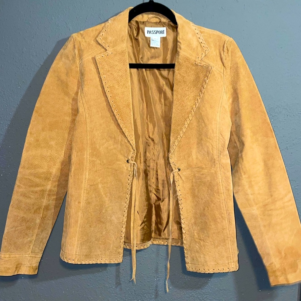 Passport Ladies Tan Suede Leather Western Jacket with Fringe ties